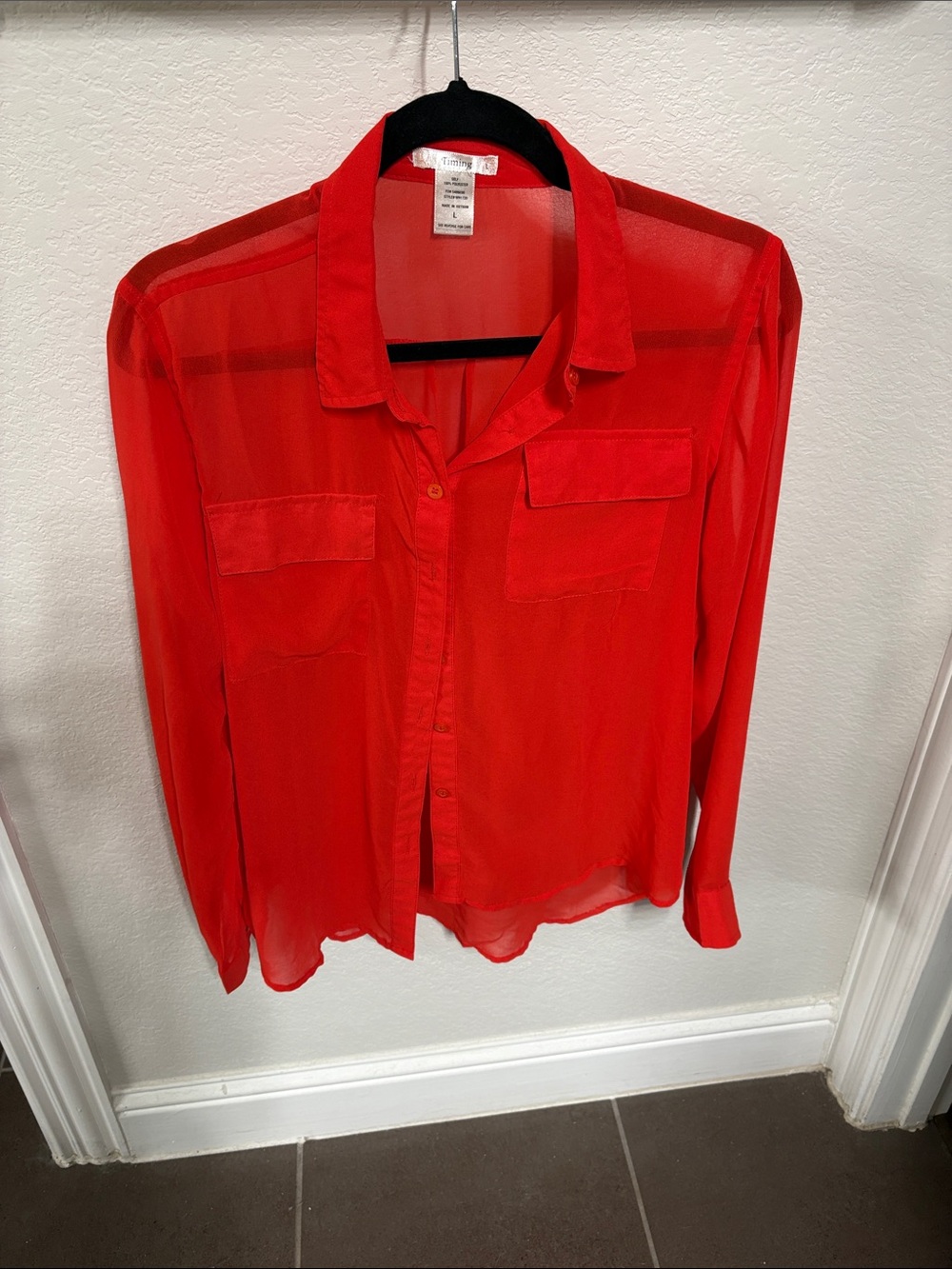 Timing Red Semi-Sheer Button-Down Shirt